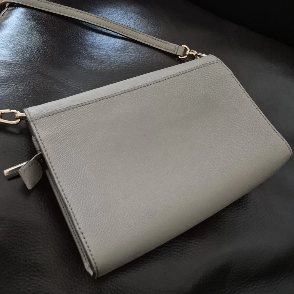 Tory Burch Light Gray Saffiano Crossbody with Gold Logo